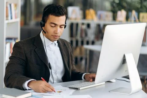 Man business work study student freelancer online video call Stock Photos