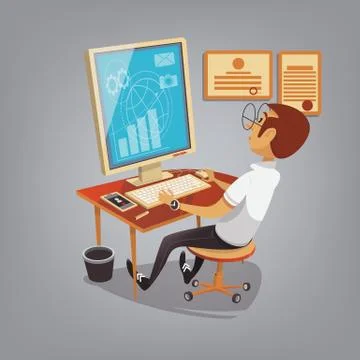 Man busy working with computer in office. Business concept vector illustration Illustrazione stock