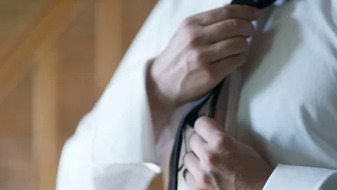 Man buttoning shirt closeup. Dressed man. Dressing up men's. Men hands. Stock-Footage 83149103