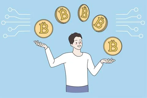 Man buy and sell cryptocurrency on market Stock Illustration