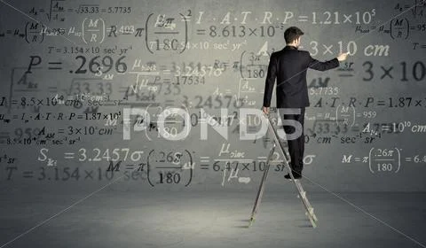 Man calculating from ladder Stock Photos
