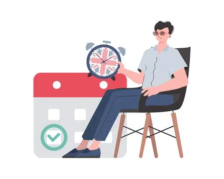 A man, a calendar with a marked date and a clock. The concept of learning E.. Stock Illustration