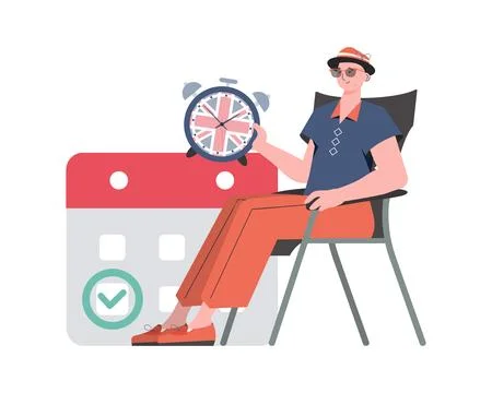 A man, a calendar with a marked date and a clock. The concept of learning E.. Stock Illustration