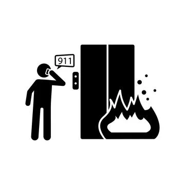 Man call about fire in elevator icon. Simple pictogram of human and fire icons Illustrazione stock