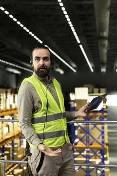 Man call center operator combining headset with AI technology on tablet Stock Photos