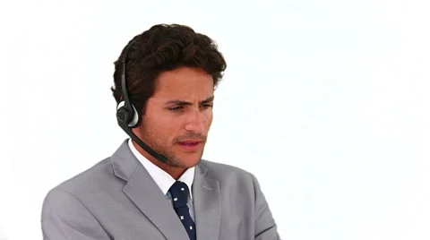 Man in a call center talking on the phone Stock Footage