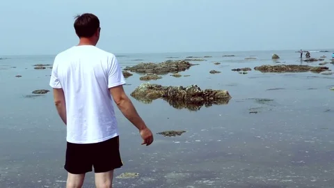The man is calling his friends on the beach Stock Footage 77457196