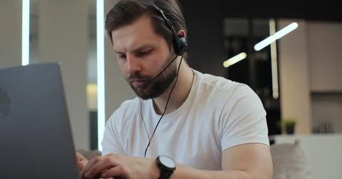 Man calling on laptop computer talk by webcam, learning study with online tutor 스톡 사진