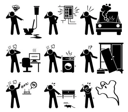 Man Calling with Phone for Household Problems - Plumbing, Electricity, Car, Comp イラスト素材