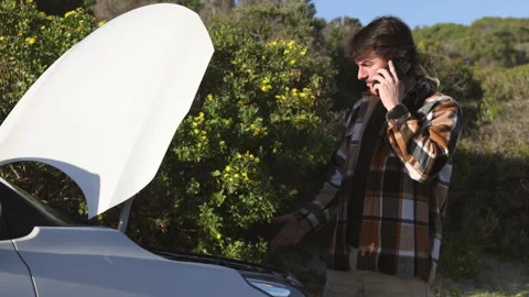 Man Calling for Roadside Assistance by Broken Car Stock Footage 312238813