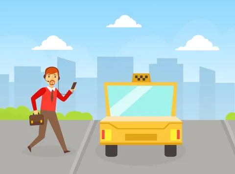 Man Calling Taxi Using Mobile App, Online Taxi Service Concept Cartoon Vector Illustrazione stock