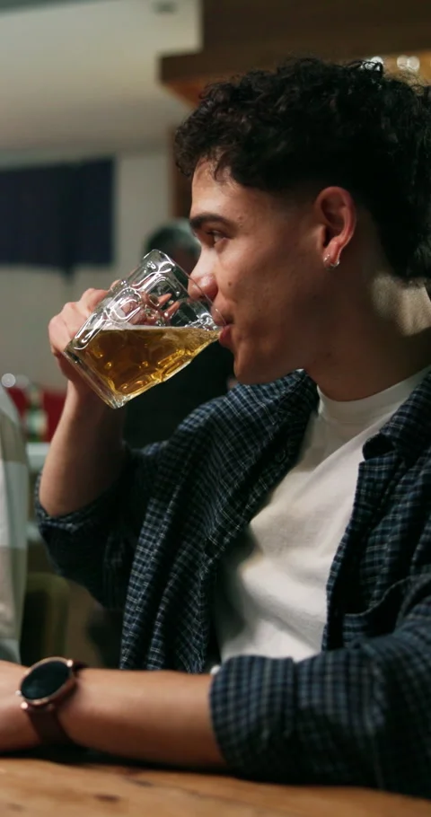 Man, calm or drinking beer in pub with smile, refreshing taste or customer Stock Footage 336855635