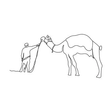 Man with camel on the desert. One line drawing art Stock Illustration