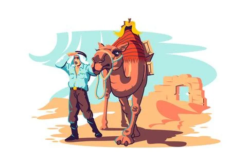 Man with camel explore desert Stock Illustration