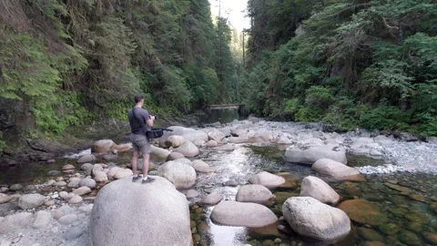 Man with camera bag taking photo of pristine river in evergreen forest Stock Footage 250193111