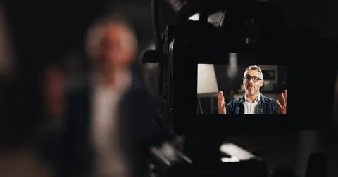 Man, camera screen and recording in interview for talk, design tutorial or Stock Photos