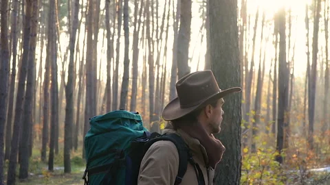 A man with camera walks along a trail in the forest Stock Footage 145745964