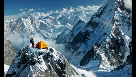 A man with camp standing in the peak of snow mountain 库存影片 290295666