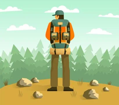 Man with camping backpack back view Stock Illustration