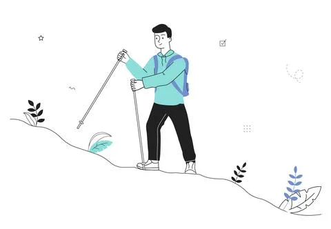 Man with camping. Young guy with backpack climbs mountain. Active lifestyle and Stock Illustration