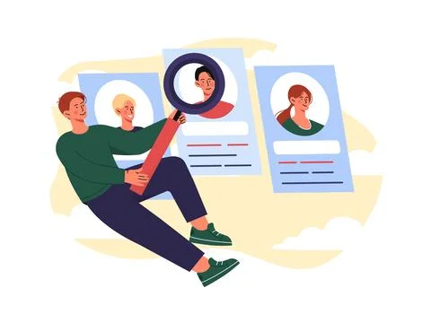 Man with candidate search. Young guy with magnifying glass looking at job Stock Illustration