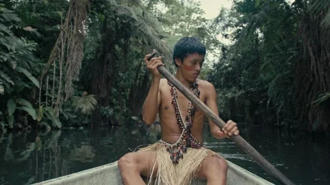 Man, Canoe, Amazon River, Rainforest - Stock Video Footage Stock Footage 205786862