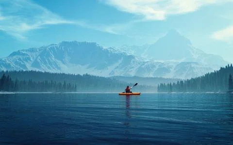 Man with canoe on the lake Illustrazione stock
