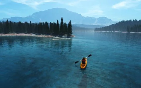 Man with canoe on the lake Stock Illustration