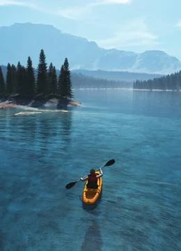Man with canoe on the lake Illustrazione stock