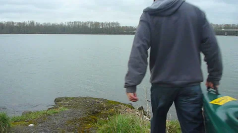 Man with Canoe at River 2 Stock Footage 2585043
