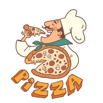 A man in a cap and a chefs uniform is holding and eating pizza. Italian Stock Illustration