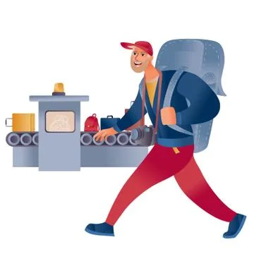 Man in a cap with a backpack and with a camera goes past the tape with luggage Stock Illustration