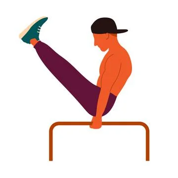 Man in a cap with a bare torso does exercises on bars. Outdoor sports, workout Stock Illustration