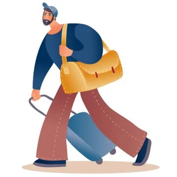 Man in a cap with a suitcase on wheels and a bag through about to go on a trip Stock Illustration