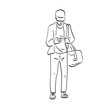 Man in cap using smartphone with his bag illustration vector hand drawn Stock Illustration