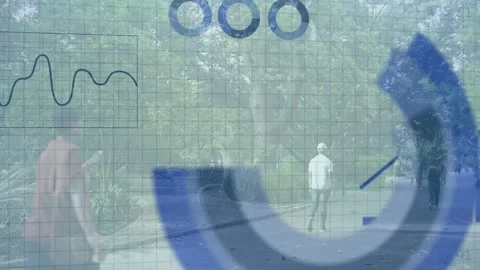 Man in cap walking while overlay appearing, expanding, analysing urban data, Stock Footage 335281958