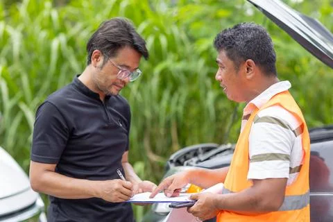 Man car problem crash breakdown signing claim contract insurance document w.. Stock Photos