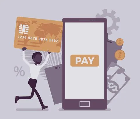 Man with card making digital bill and mobile payment Stock Illustration