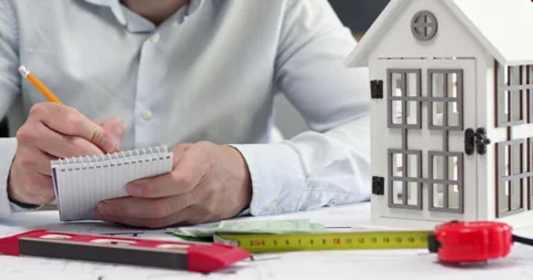 Man carefully writes down estimated cost of roofing in notebook Stockbeeldmateriaal 314731743