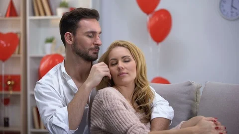 Man caressing lady, trust based relations in couple, enjoying time together Stock Footage 100421922