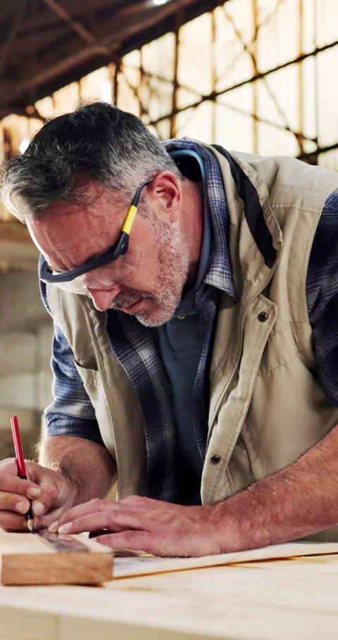 Man, carpenter and ruler in workshop with plank, measurement and design process Stock Footage 340755973
