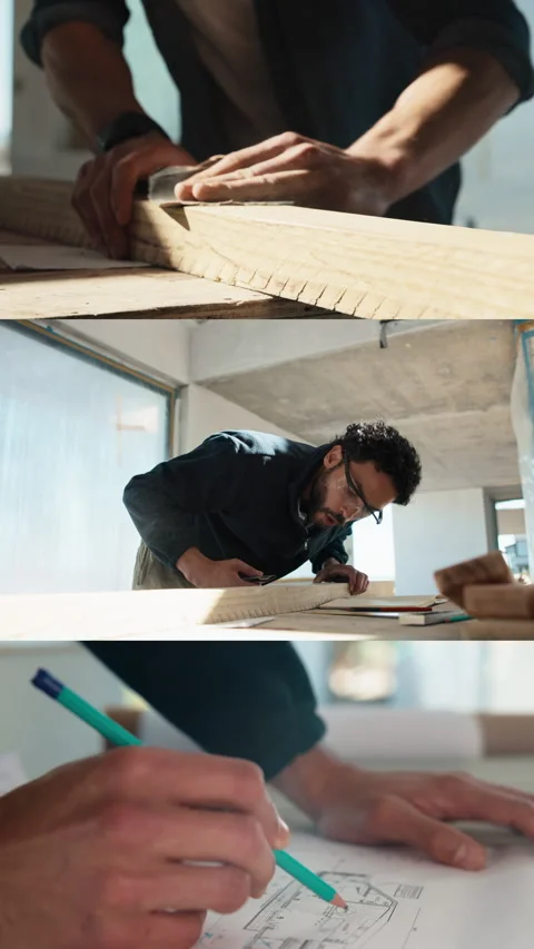 Man, carpenter and sanding on construction site with blueprint, restoration and Stock Footage 343487685