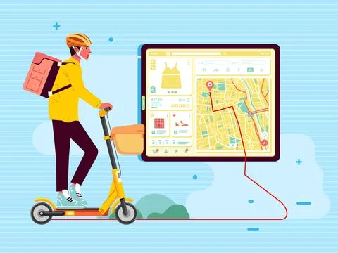Man carriers on mobile app tablet delivery services ride electric scooters 库存插图