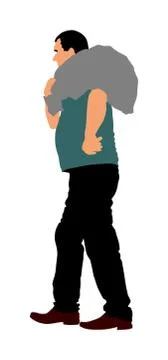 Man carries sack on shoulder vector illustration. Toiler worker Illustrazione stock