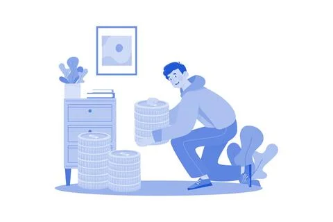 Man carries a stack of coins Stock Illustration