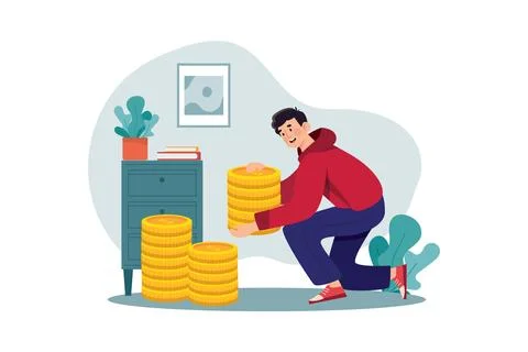 Man carries a stack of coins Illustration concept. A flat illustration isol.. Illustrazione stock