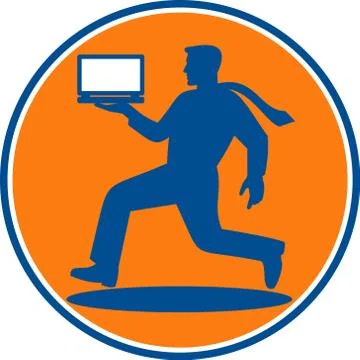 Man carrying notebook laptop computer running Stock Illustration