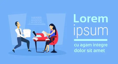 Man carrying paper documents stack businesswoman sitting workplace using laptop 库存插图