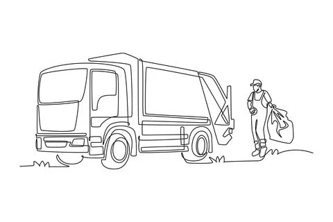 Man carrying a plastic trash bag toward a garbage truck Stock Illustration