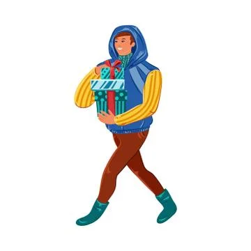 Man carrying stack of holiday gift boxes vector illustration Stock Illustration